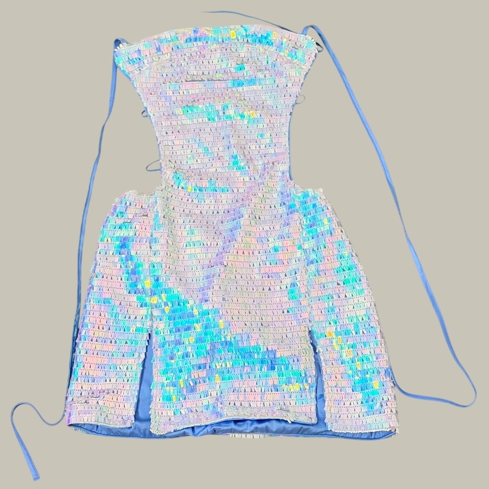 New Pink XS Pink Blue Iridescent Sequin Halter Open Back Mini Party Dress